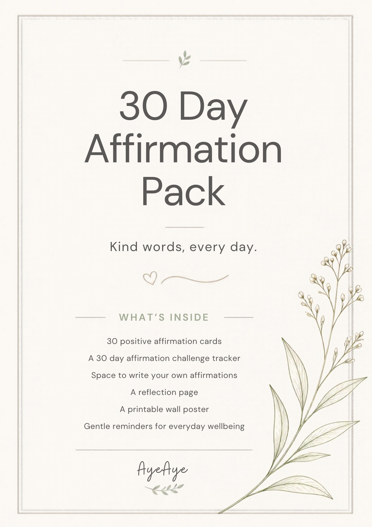 AyeAye 30 Day Affirmation Pack printable PDF cover page
