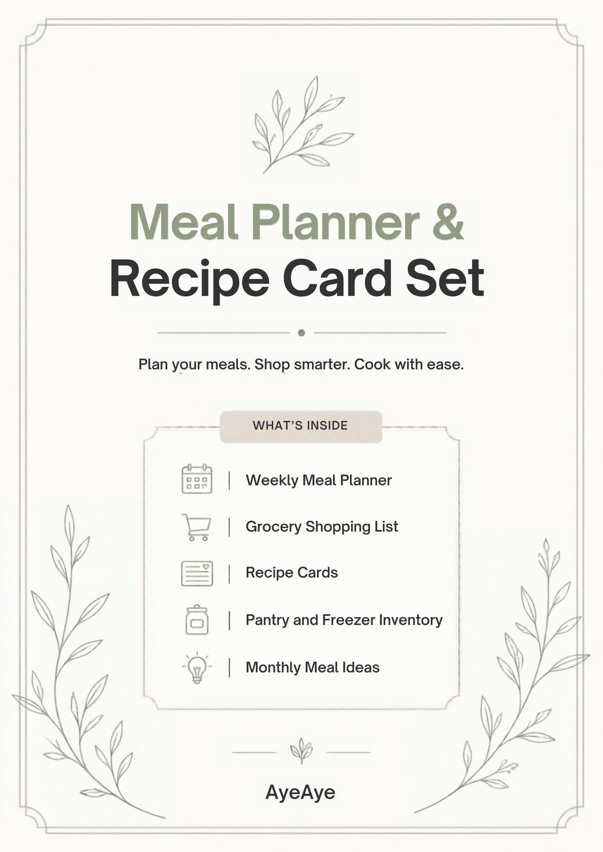 AyeAye Meal Planner and Recipe Card Set printable PDF cover page