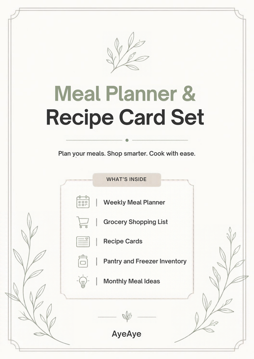 AyeAye Meal Planner and Recipe Card Set printable PDF cover page