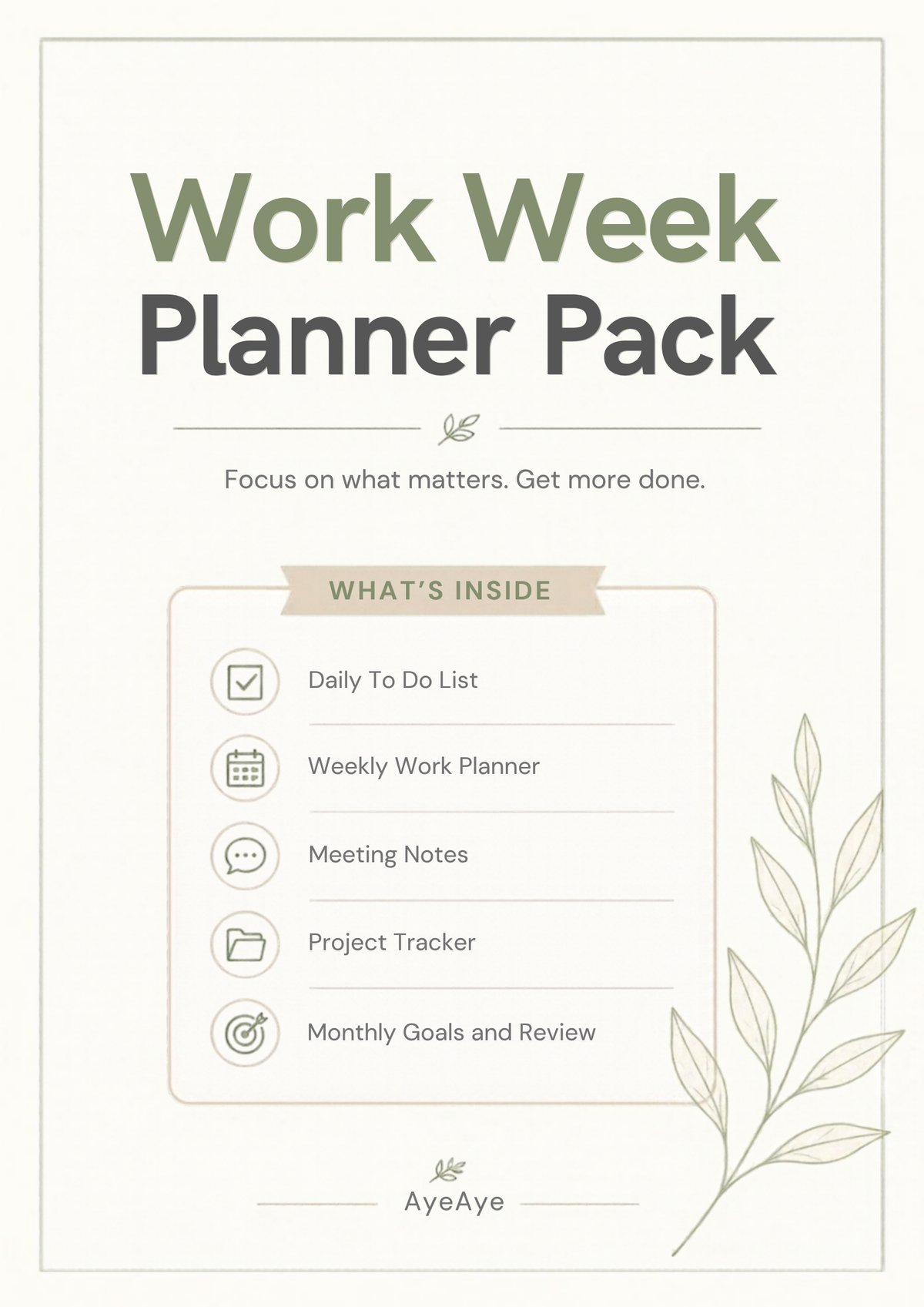 AyeAye Work Week Planner Pack printable PDF cover page