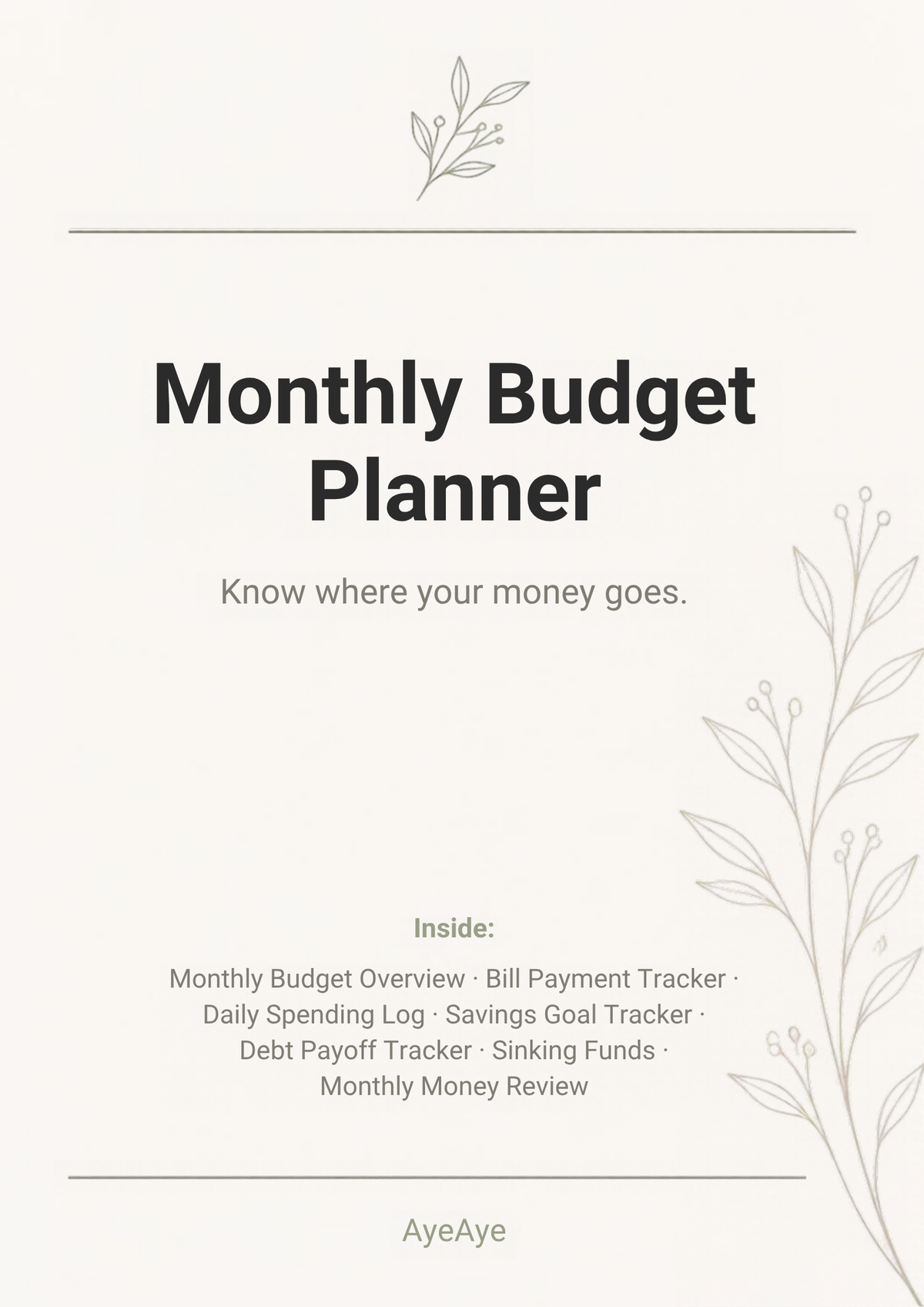AyeAye Monthly Budget Planner printable PDF cover page